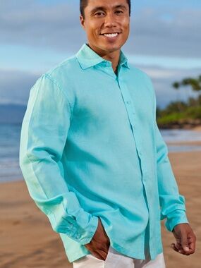 Island Importer Linen Amalfi Shirt Long Sleeve Button Up Mens Sz Large Pool Blue